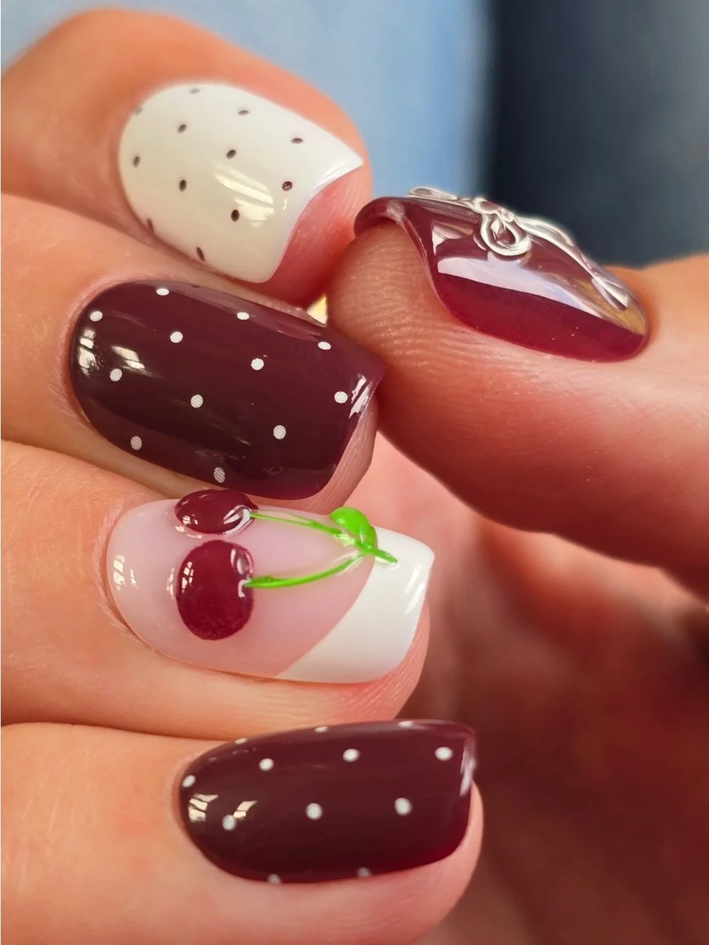 Red Aspen Picnic Play Date Burgundy & White Cherry Press-On Nails